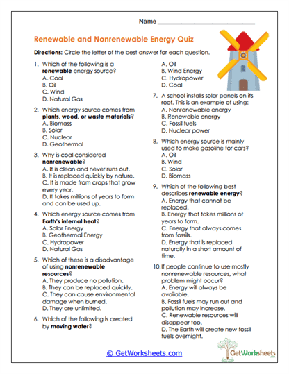 Energy Quiz Worksheet