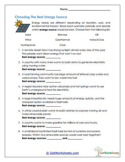 Choosing the Best Energy Source Worksheet