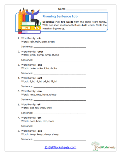 Rhyming Sentence Lab Worksheet
