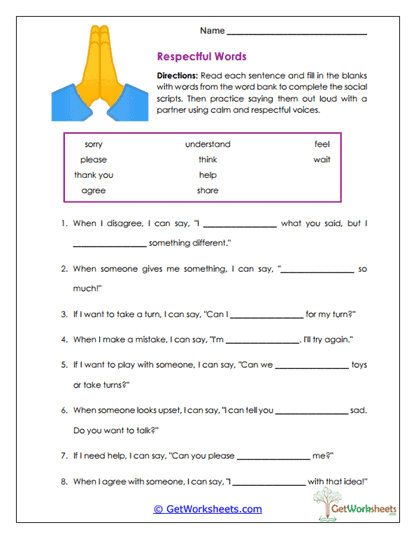 Respectful Words Worksheet
