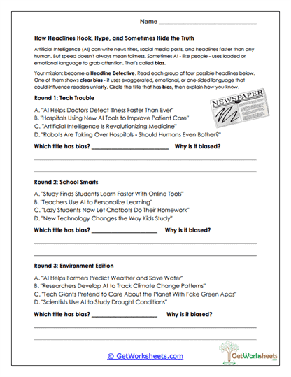 Biased Headlines Detective Worksheet