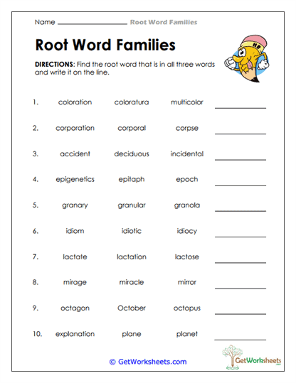 Common Root Finder Worksheet