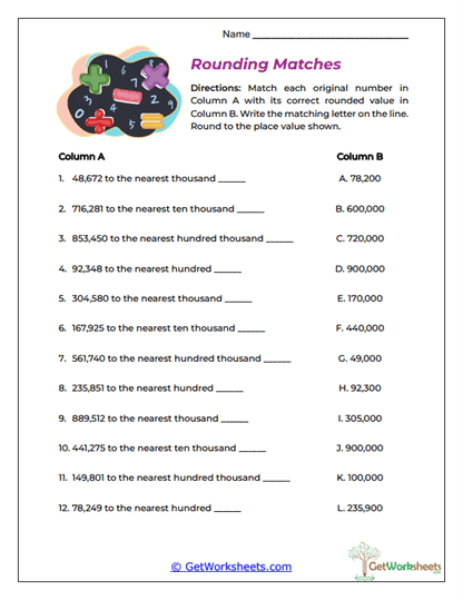 Rounding Matches Worksheet