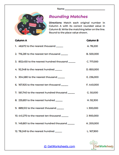 Rounding Matches Worksheet