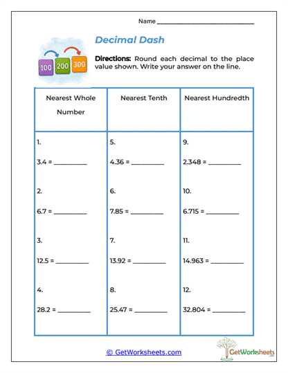 Decimal Dash Worksheet