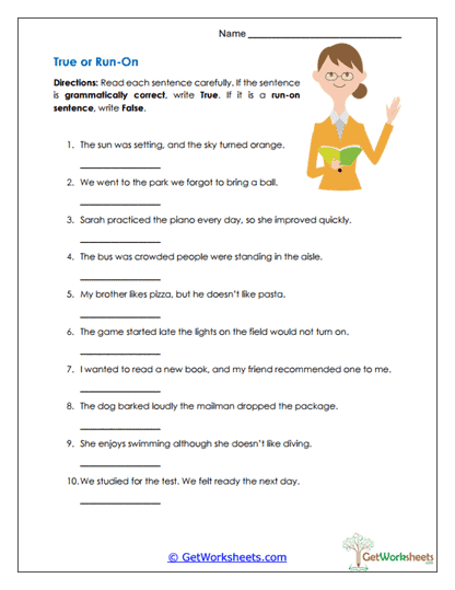True or Run-On Worksheet