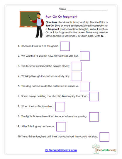 Run-On or Fragment Worksheet