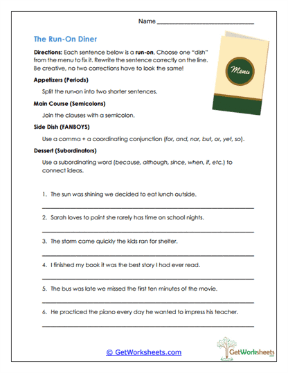 The Run-On Diner Worksheet