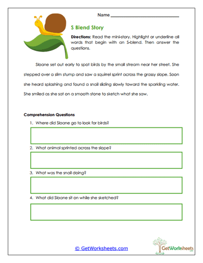 S Blend Story Worksheet