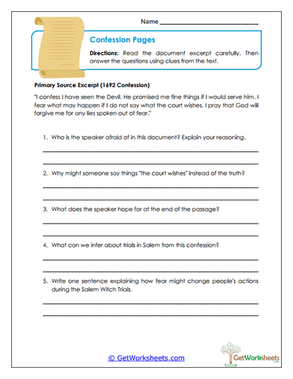 Confession Reading Worksheet