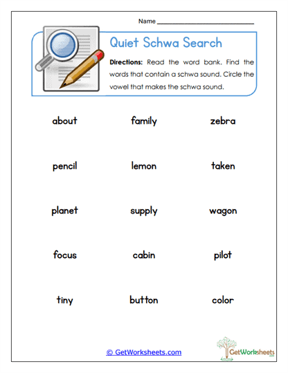 Quiet Schwa Search Worksheet