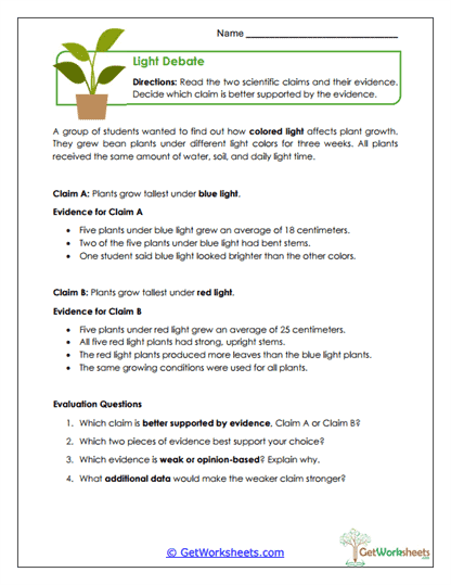 Light Debate Worksheet