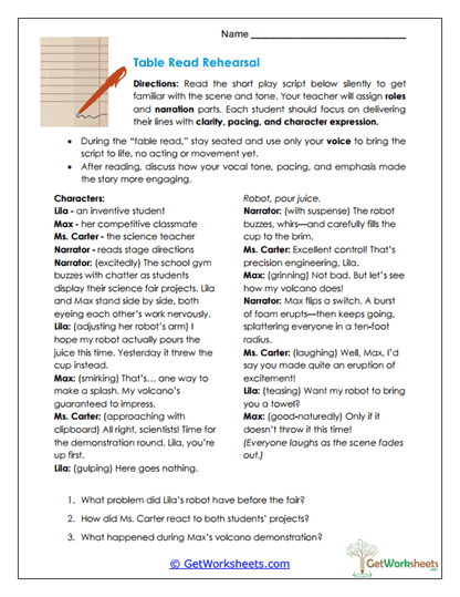 Table Read Rehearsal Worksheet