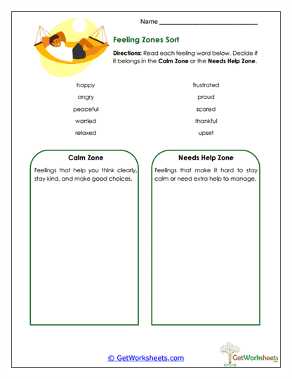 Feeling Zones Sort Worksheet