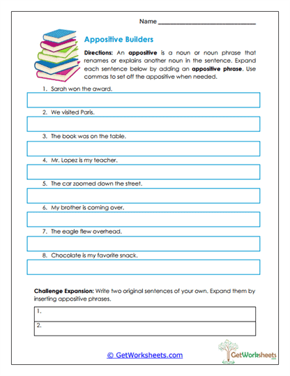 Appositive Builders Worksheet