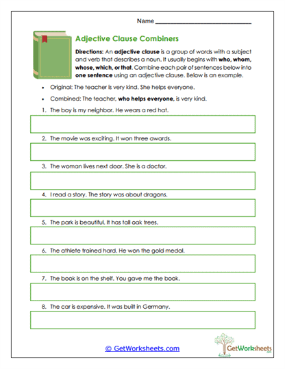 Adjective Clause Combiners Worksheet