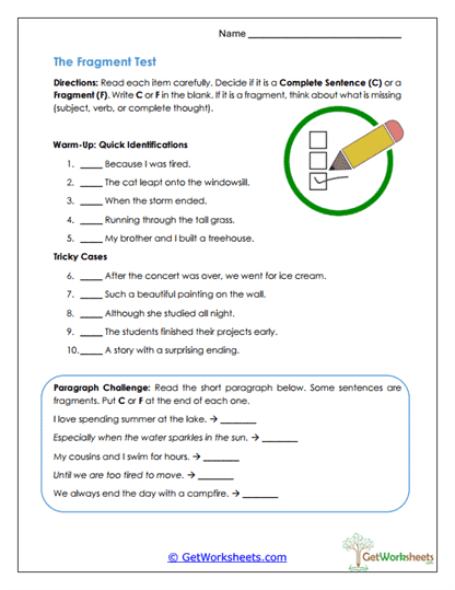 Sentence Fragment Worksheets