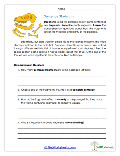 Sentence Skeletons Worksheet