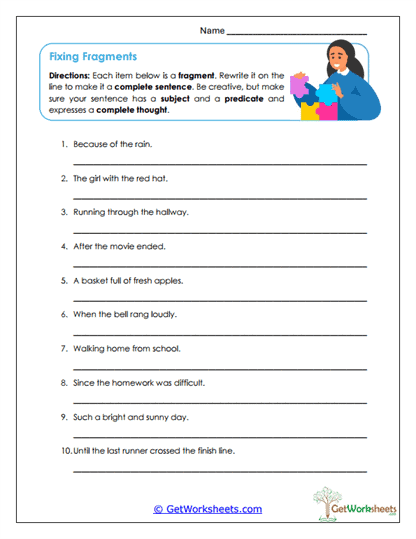 Fixing Fragments Worksheet