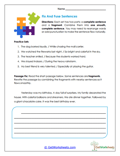 Fix and Fuse Sentences Worksheet