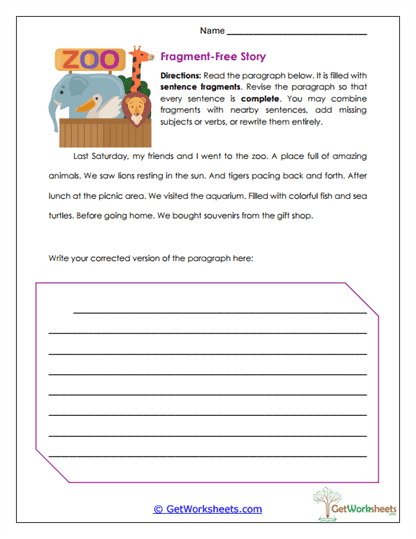 Fragment-Free Story Worksheet