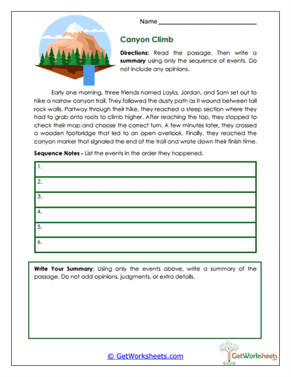 Canyon Climb Worksheet