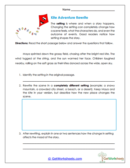 Kite Adventure Rewrite Worksheet