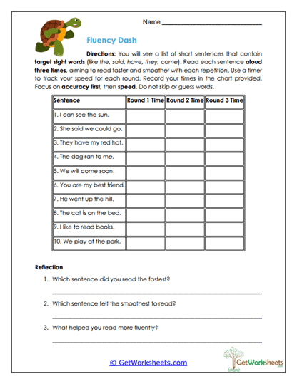 Fluency Dash Worksheet