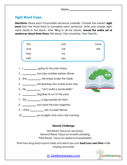 Sight Word Gaps Worksheet