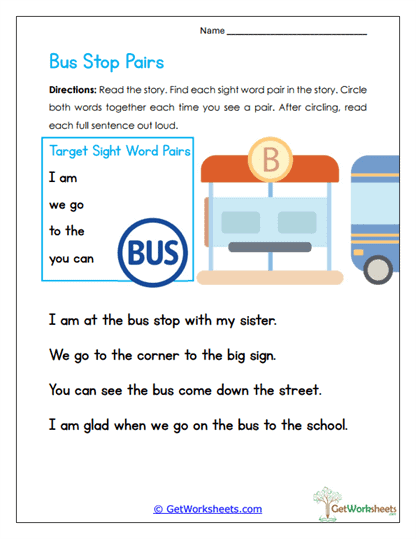 Bus Stop Pairs Worksheet