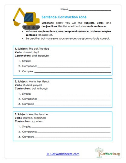 Sentence Construction Zone Worksheet