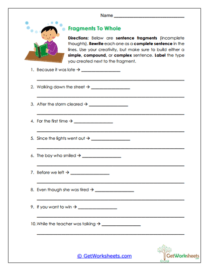 Fragments to Whole Worksheet