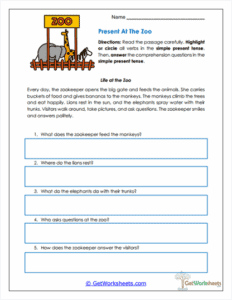 Present at the Zoo Worksheet - Simple Present Grammar & Reading
