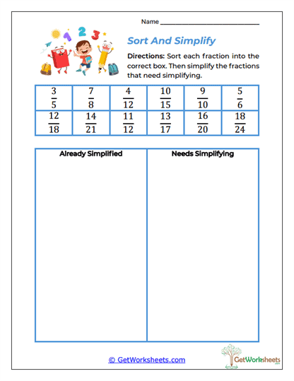 Simplifying Fractions Worksheets