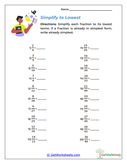 Simplify to Lowest Worksheet