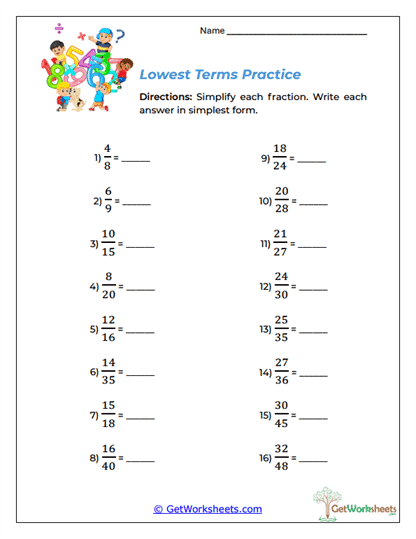 Lowest Terms Practice Worksheet