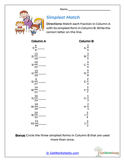 Simplest Match Worksheet