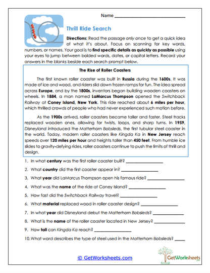 Skimming & Scanning Fluency Worksheets