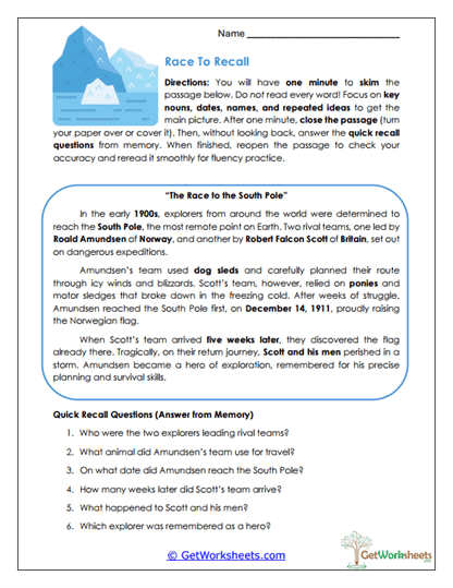 Race to Recall Worksheet
