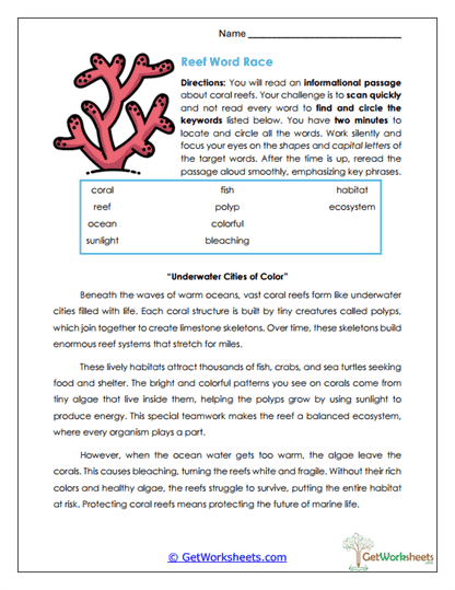 Reef Word Race Worksheet
