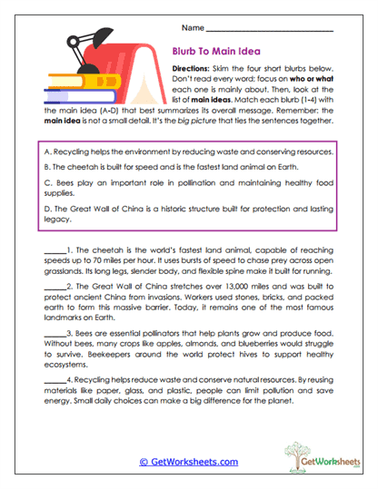 Blurb to Main Idea Worksheet