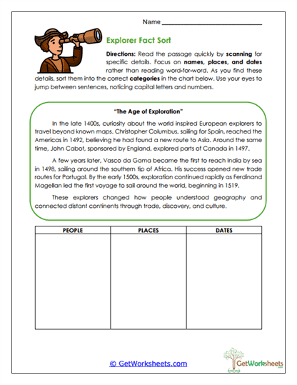 Explorer Fact Sort Worksheet