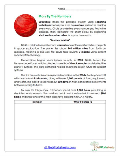 Mars By The Numbers Worksheet