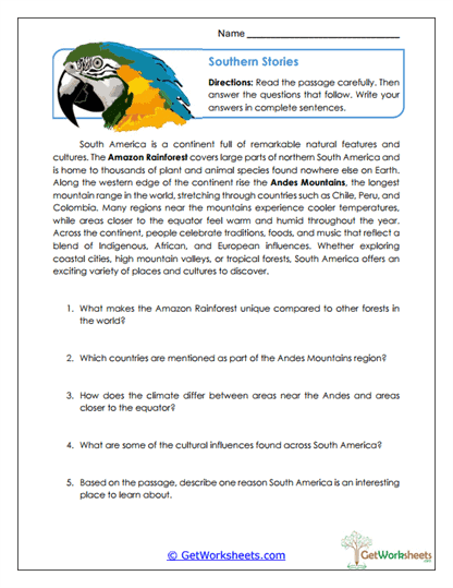 Southern Stories Worksheet