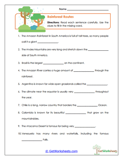 Rainforest Routes Worksheet
