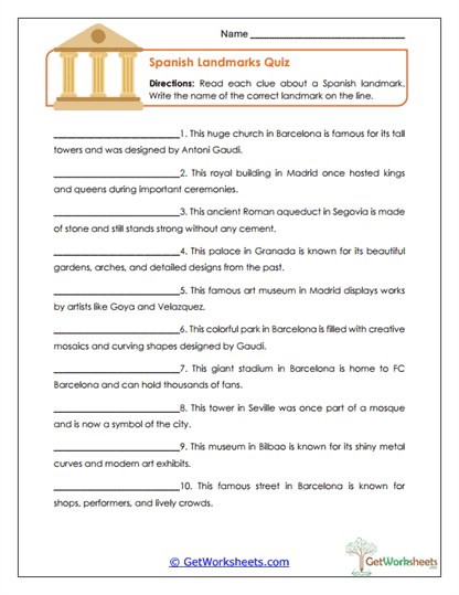 Spanish Landmarks Reading Worksheet