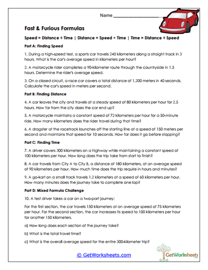Fast and Furious Formulas Worksheet