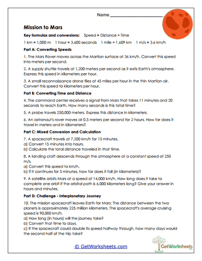 Mission to Mars Worksheet