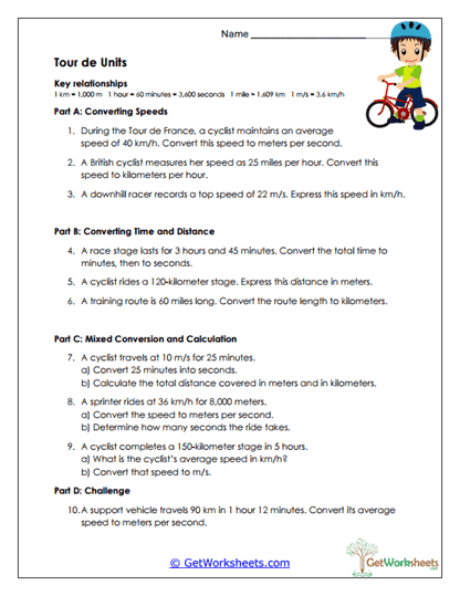 Tour de Units Worksheet