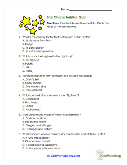 Star Characteristics Quiz Worksheet